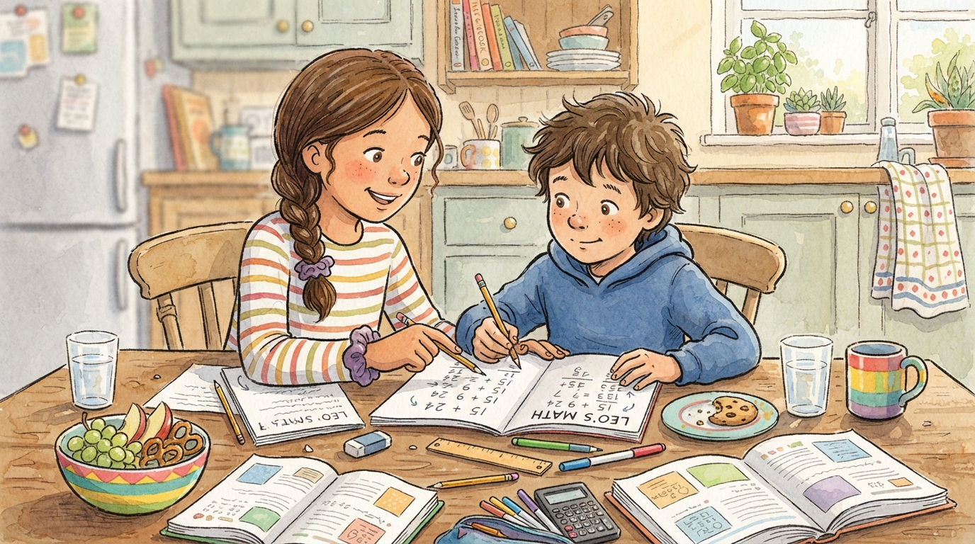 Une grande sœur aide son petit frère à faire ses devoirs de mathématiques à la table de la cuisine, entourés de cahiers, crayons et d'un bol de fruits